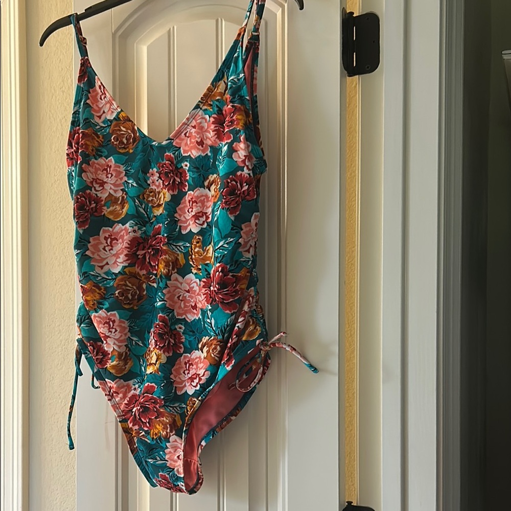 Time and Tru Floral One Piece Swimsuit - Teal, Pink, and Brown